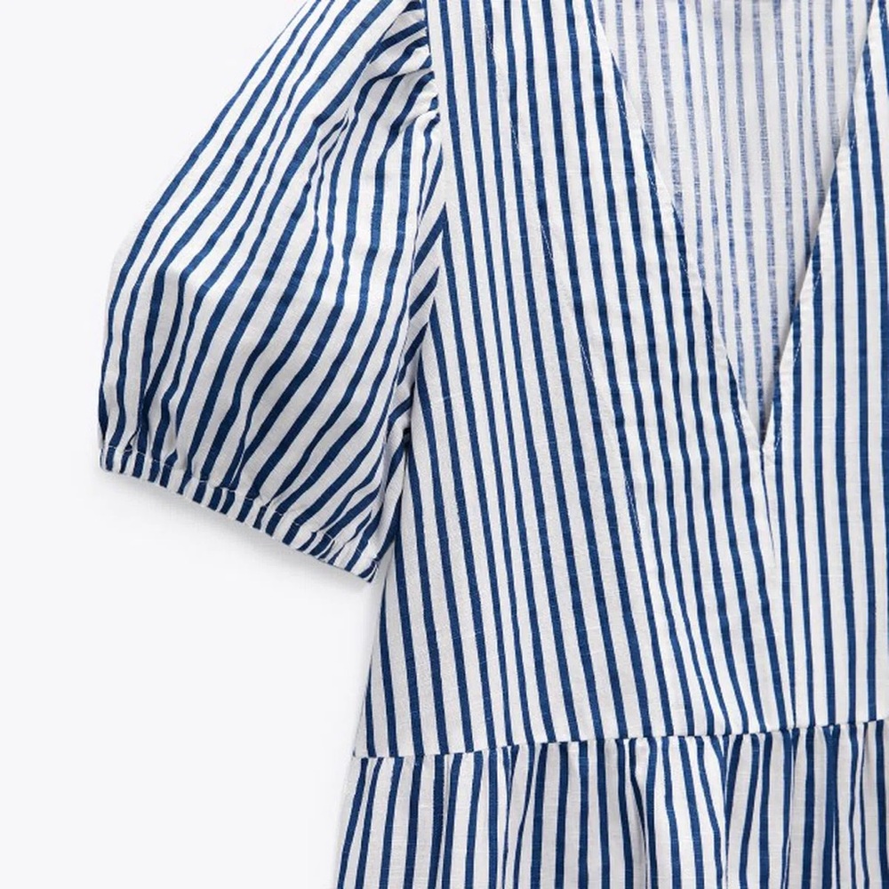 Zara Striped Blue and White Puff Sleeve Dress
